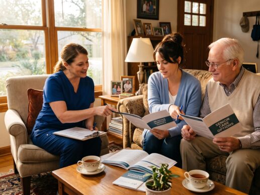 An adult daughter and her father reviewing in-home hospice vs nursing home care options with a local nurse in San Antonio.