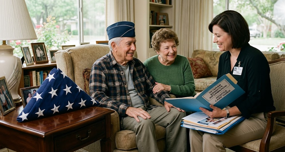 A military veteran and his wife speaking with a care coordinator about accessing VA hospice benefits in San Antonio families qualify for.