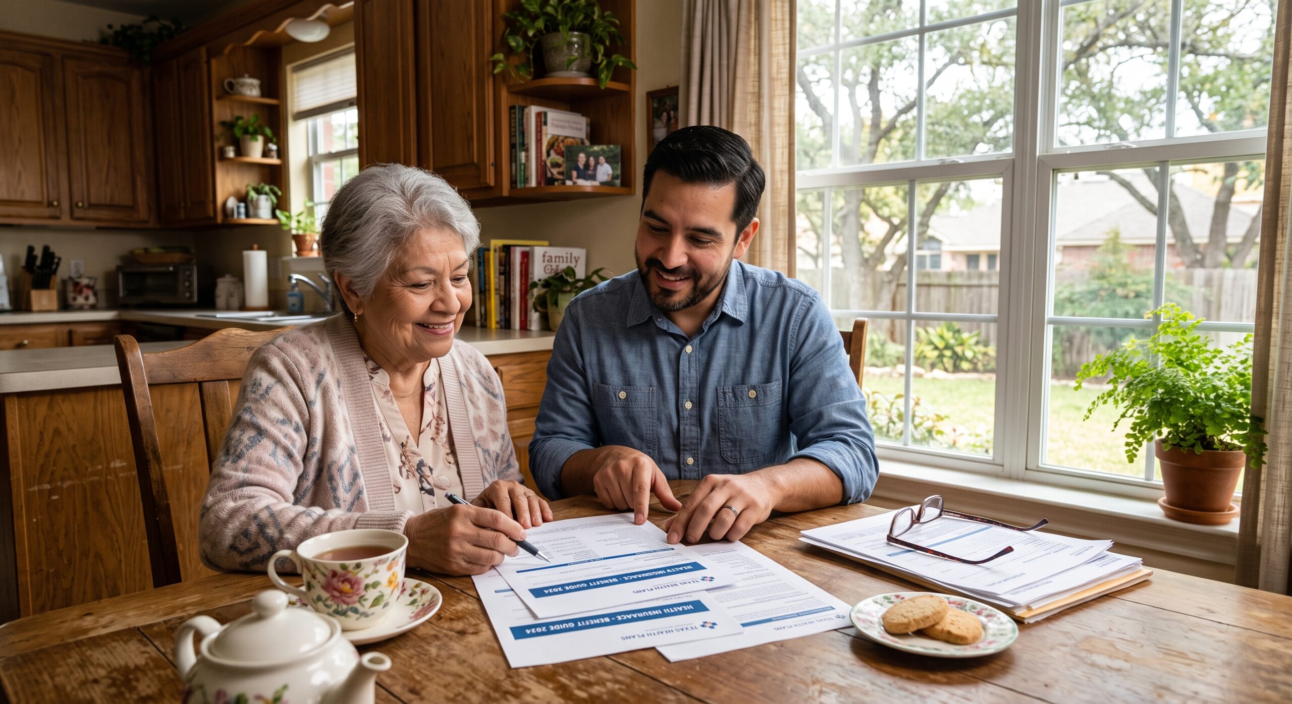 A son and mother in San Antonio reviewing medical benefit documents to learn does Medicare pay for hospice care.