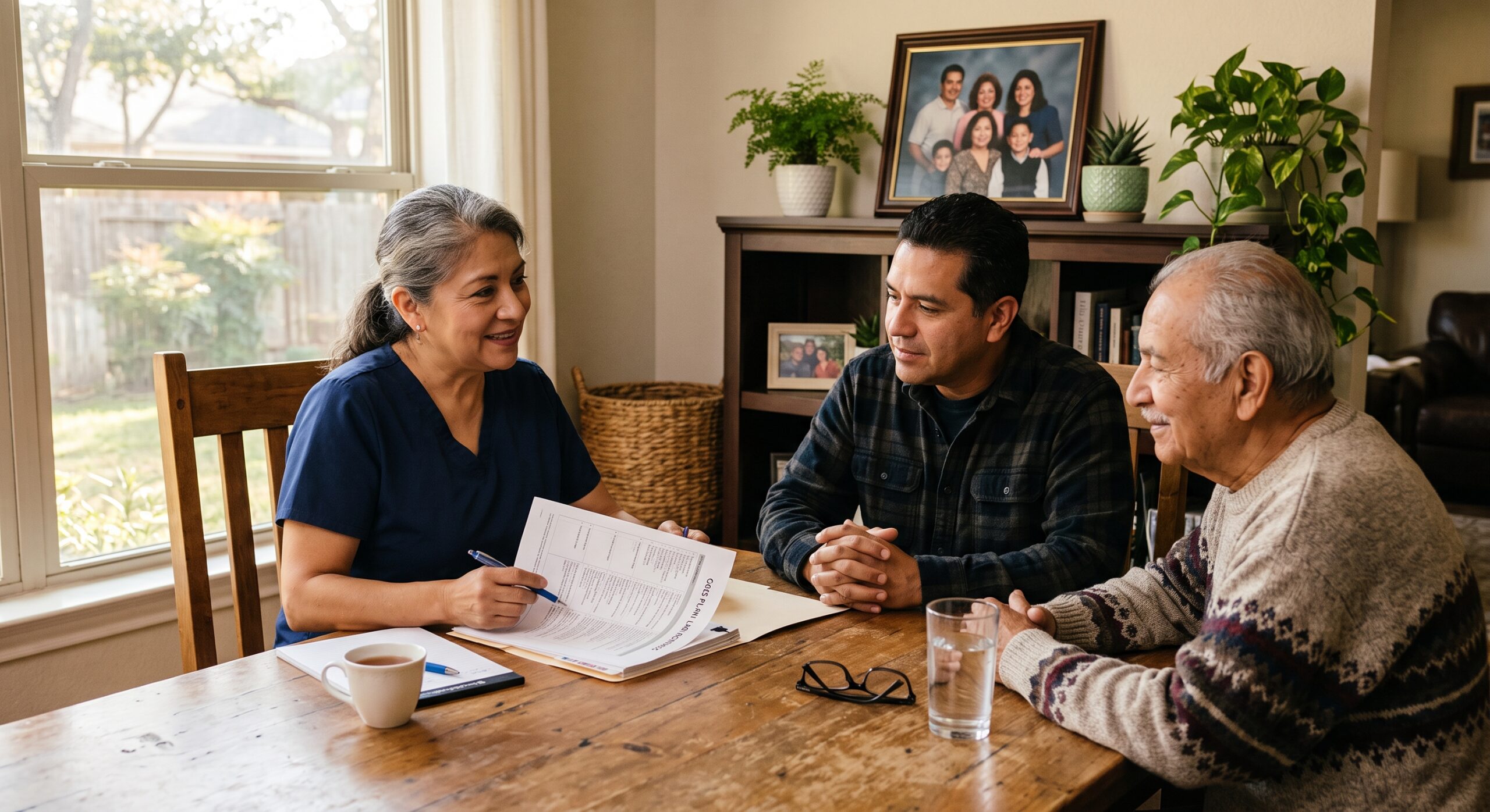 A compassionate visiting nurse meeting with a family to discuss personalized hospice care San Antonio options.