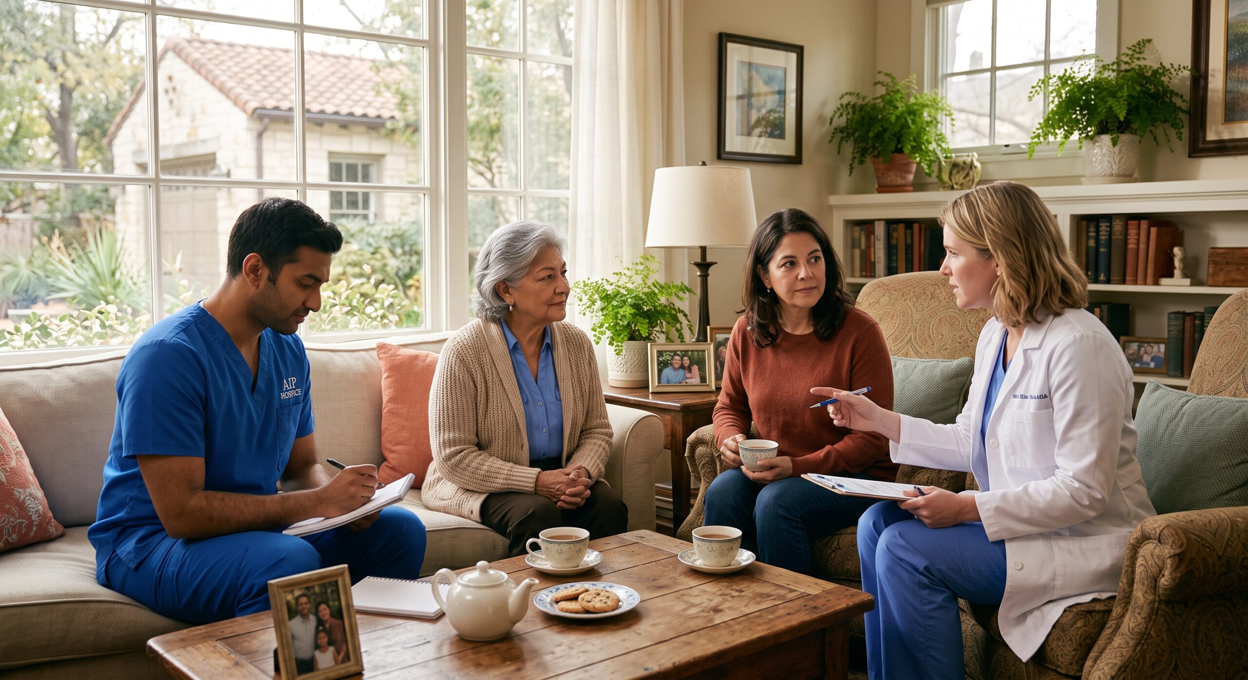 A medical professional explaining the difference between hospice vs palliative care to a patient and family in San Antonio, Texas.