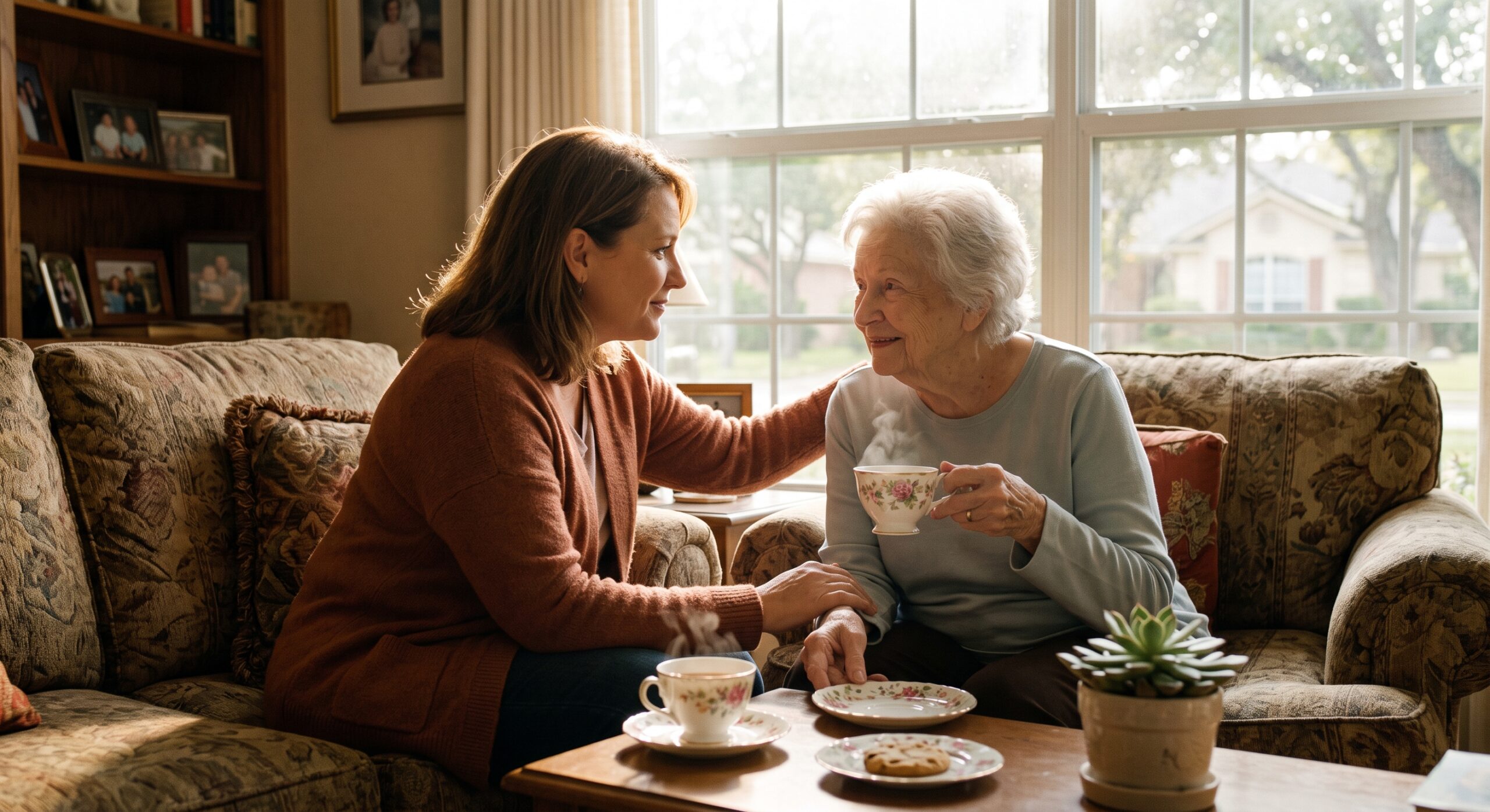 An adult daughter and her mother holding hands on a couch while learning how to talk to parents about hospice care.