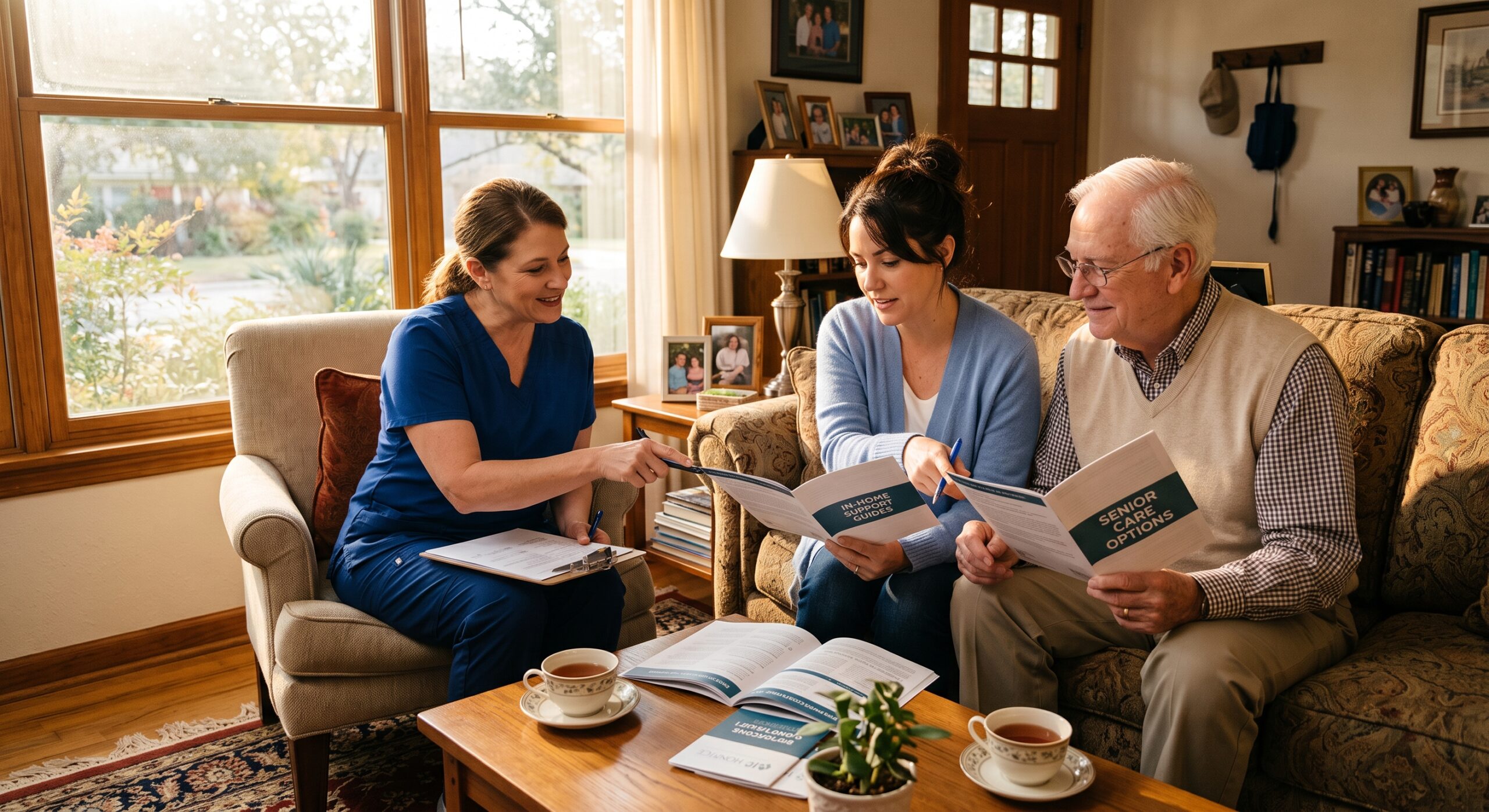 An adult daughter and her father reviewing in-home hospice vs nursing home care options with a local nurse in San Antonio.