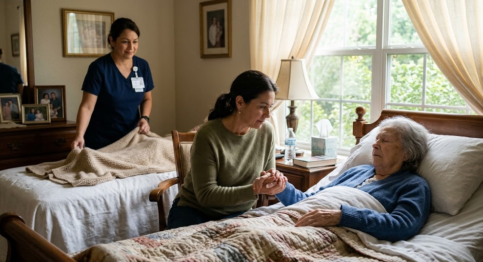 A compassionate family member and hospice nurse providing care while learning what to expect in the last days of life.