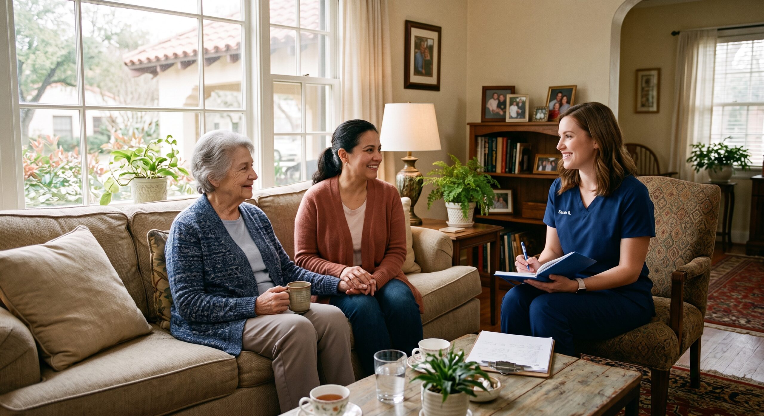 A compassionate nurse discussing personalized in-home support with a family evaluating if it is time for hospice care in San Antonio, TX.