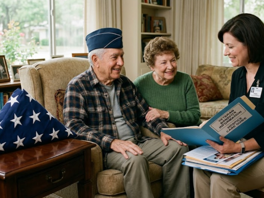 A military veteran and his wife speaking with a care coordinator about accessing VA hospice benefits in San Antonio families qualify for.