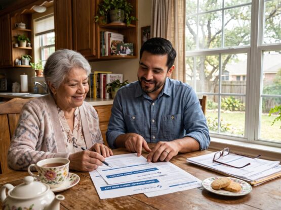 A son and mother in San Antonio reviewing medical benefit documents to learn does Medicare pay for hospice care.