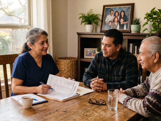 A compassionate visiting nurse meeting with a family to discuss personalized hospice care San Antonio options.