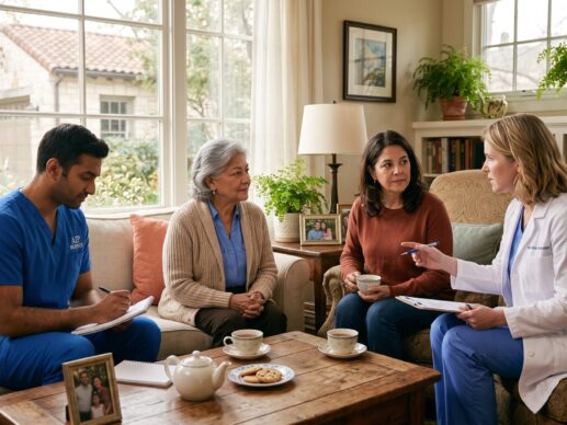 A medical professional explaining the difference between hospice vs palliative care to a patient and family in San Antonio, Texas.