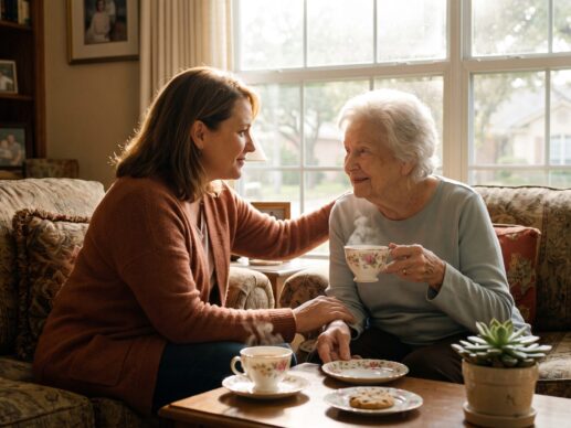 An adult daughter and her mother holding hands on a couch while learning how to talk to parents about hospice care.