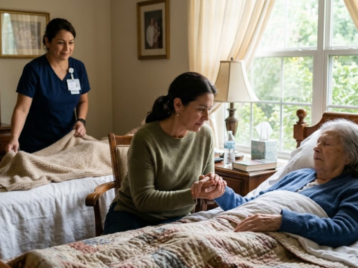 A compassionate family member and hospice nurse providing care while learning what to expect in the last days of life.
