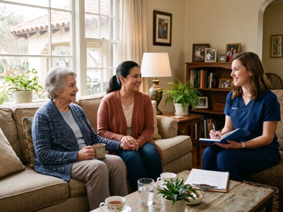 A compassionate nurse discussing personalized in-home support with a family evaluating if it is time for hospice care in San Antonio, TX.